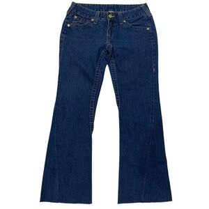 True Religion Joey Flare Medium Wash Denim Jeans Mid Rise Raw Hem Sz 30